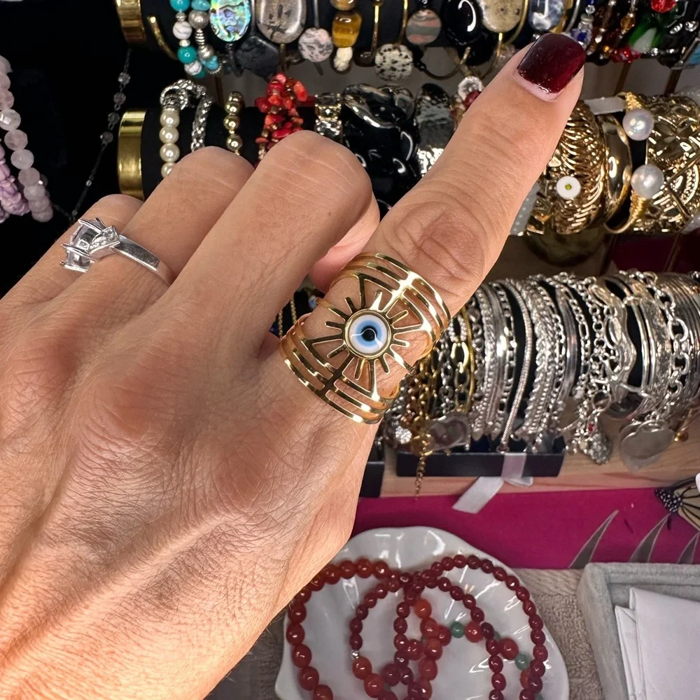 Gold Plated Stainless Steel Statement Evil Eye Ring Sunburst Design Adjustable